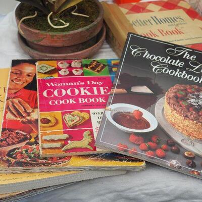 Lot 62,  Vintage Kitchen Cookbooks, Silk flowers, 