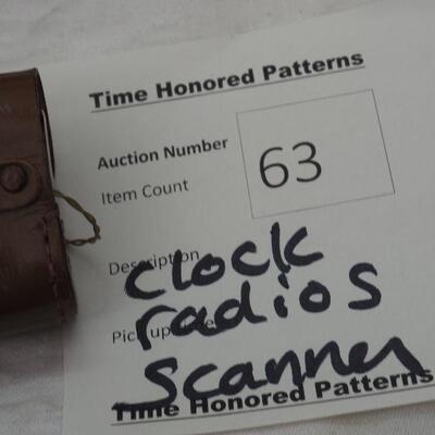 Lot 63 Clock radios, HP Scanner flatbed, various leather vintage holders