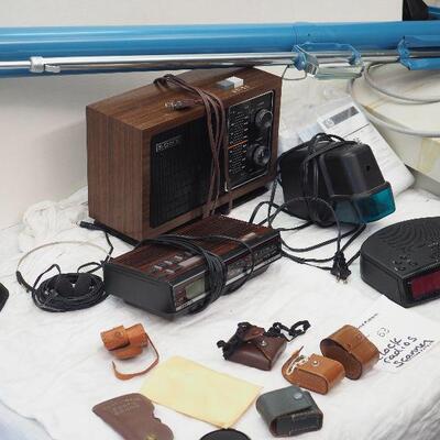 Lot 63 Clock radios, HP Scanner flatbed, various leather vintage holders
