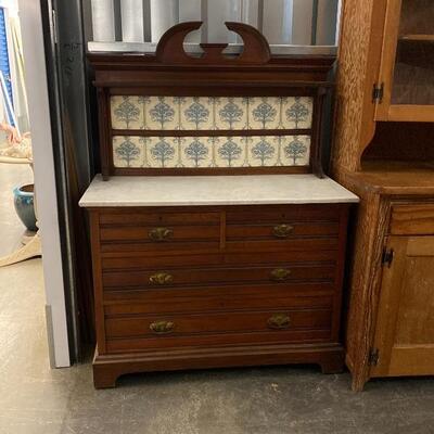 Antique Marble Top Chest with Wood & Tile Back 
