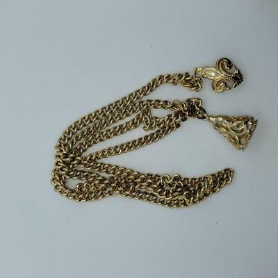Lot 115: One ornate Bates  and Bacon Antique watch chain with double sided fob and more watch chains, bars, fobs and chain for craft or...