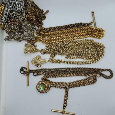 Lot 115: One ornate Bates  and Bacon Antique watch chain with double sided fob and more watch chains, bars, fobs and chain for craft or...