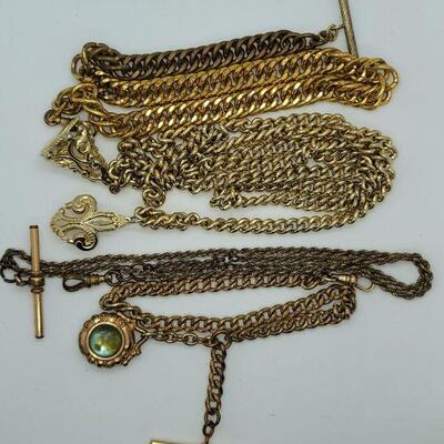 Lot 115: One ornate Bates  and Bacon Antique watch chain with double sided fob and more watch chains, bars, fobs and chain for craft or...