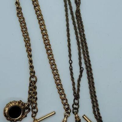 Lot 115: One ornate Bates  and Bacon Antique watch chain with double sided fob and more watch chains, bars, fobs and chain for craft or...