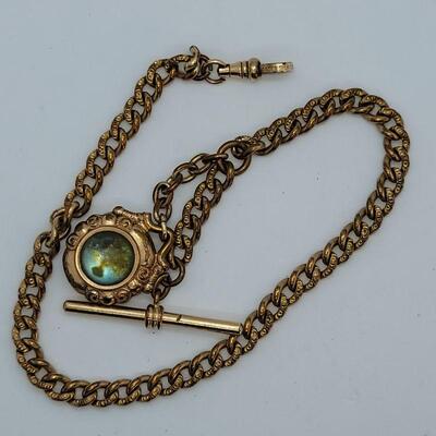 Lot 115: One ornate Bates  and Bacon Antique watch chain with double sided fob and more watch chains, bars, fobs and chain for craft or...