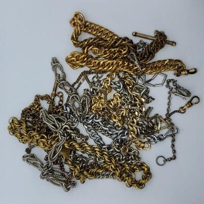 Lot 115: One ornate Bates  and Bacon Antique watch chain with double sided fob and more watch chains, bars, fobs and chain for craft or...