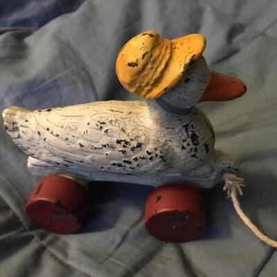 Cast Iron Antique Duck Pull Toy with Wooden Wheels
