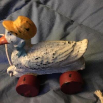 Cast Iron Antique Duck Pull Toy with Wooden Wheels