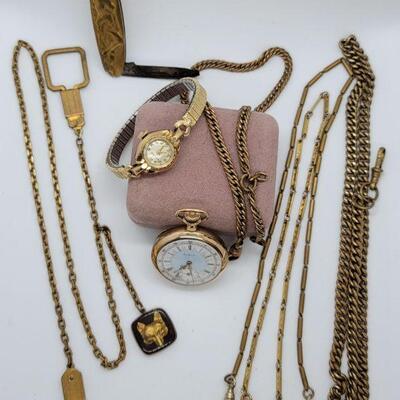 Lot 119: Gold filled Elgin Pocket Watch WORKS, Gold filled Ladies Bulova wristwatch WORKS, Art Deco pocket knife and more!, 