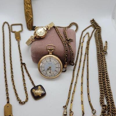 Lot 119: Gold filled Elgin Pocket Watch WORKS, Gold filled Ladies Bulova wristwatch WORKS, Art Deco pocket knife and more!, 
