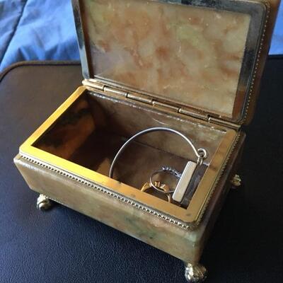 Alabaster Style Hinged Jewelry Box with Contents 4.5â€ x 3â€