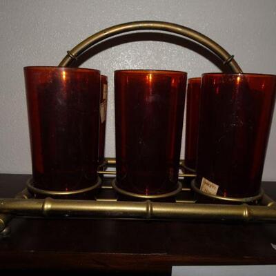 Mid Century Water Tumbler Caddy with Plastic Glasses, Amber Reddish Color 