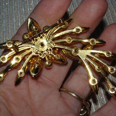 Gold Tone Brilliant Orange Mid Century Rhinestone Brooch AMAZING! 