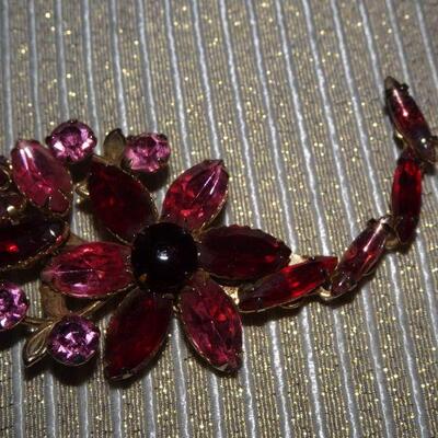 Ruby Red & Pink Flower Scorpion Shape Rhinestone Brooch 