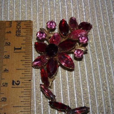 Ruby Red & Pink Flower Scorpion Shape Rhinestone Brooch 