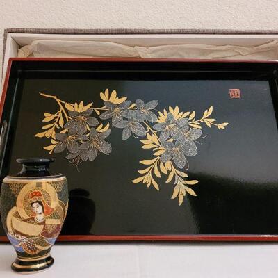 Lot 217: Vintage Asian Lacquered Tray & Handpainted Vase