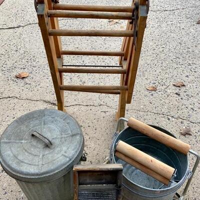 Lot 84: Vintage Galvanized Washing Tin, Wheeling Trash Can & Unfolding work table