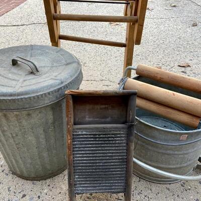 Lot 84: Vintage Galvanized Washing Tin, Wheeling Trash Can & Unfolding work table