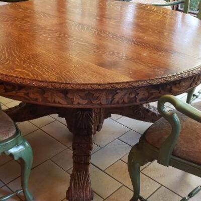 Large Round Dinning Table with 7 Green Chairs