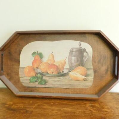 Large Vintage Solid Wood Serving Tray with Still Life Embellishment 24