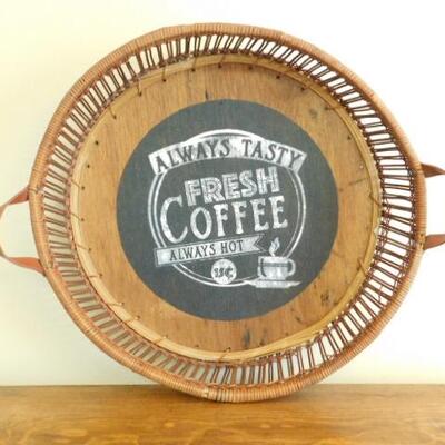 Nice Wicker and Wood Serving Tray 'Fresh Coffee' 19