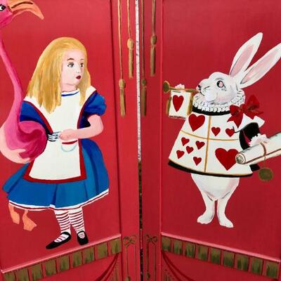 Privacy Screen Folk Art Alice in Wonderland Hand-Painted 3 Panel Red Divider YD#020-1220-00058