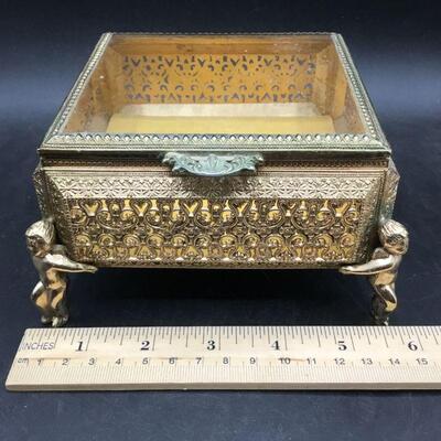 Vintage Hollywood Regency Ormolu Ornate Brass Square Trinket Jewelry Box YD#020-1220-00368