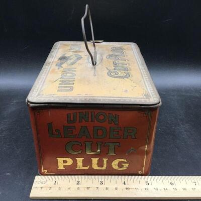 Vintage Union Leader Cut Plug Tobacco Lunch Box Tin with Handle YD#020-1220-00349