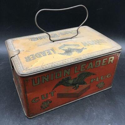 Vintage Union Leader Cut Plug Tobacco Lunch Box Tin with Handle YD#020-1220-00349