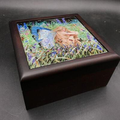 Wood Keepsake Trinket Box w/ Fairy Garden Image on Lid YD#020-1220-00371