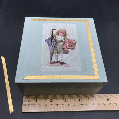Wood Decoupaged Trinket Box - Young girl with Victorian nosegay and umbrella YD#020-1220-00372