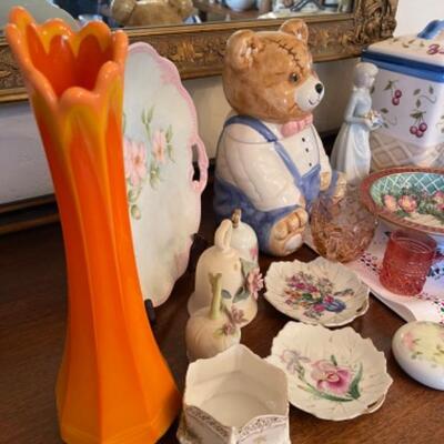 Lot 11. Vintage and contemporary porcelain, pottery, cookie jars, containers, Shirley Temple pitcher, etc.--$25
