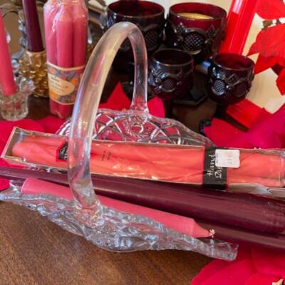 Lot 12. Assortment of Christmas and holiday items, cranberry glass, napkin holders, candlesticks, etc.--$25