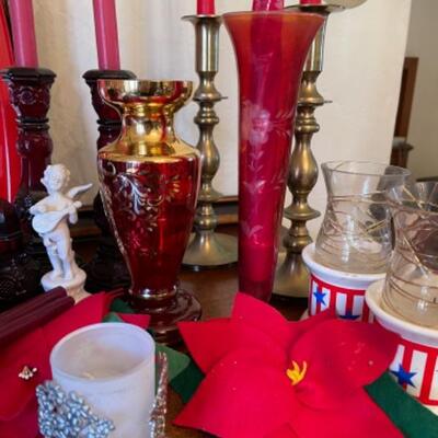 Lot 12. Assortment of Christmas and holiday items, cranberry glass, napkin holders, candlesticks, etc.--$25