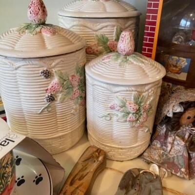 Lot 39. Kitchenwareâ€”ceramic canister sset, mugs, shelf dolls, rack, pottery, etc.--$15