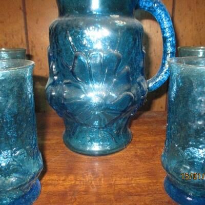 Lot 14 - AH Rainflower Blue Glass Pitcher and 6 Glasses