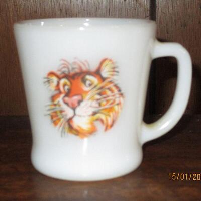Lot 52 - 2 Promotional Fire King Milk Glass Tiger Mugs