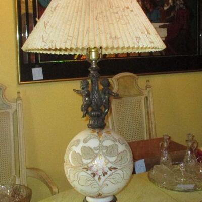 Lot 179 - Vintage Brass and Glass Cherub Lamp  LOCAL PICK UP ONLY