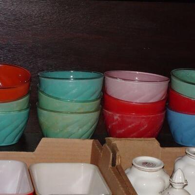 Mid Century Colored Glass Bowls, Jelly Jars?, Soup Dishes? Very Cool! 12 pieces