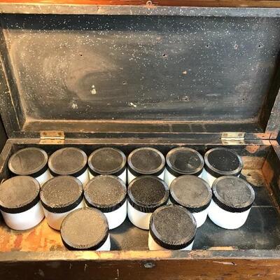 Lot 49A:  Sad Irons Advertising Box and Milk Glass Jars