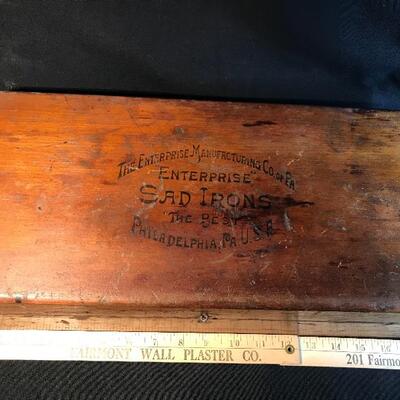 Lot 49A:  Sad Irons Advertising Box and Milk Glass Jars