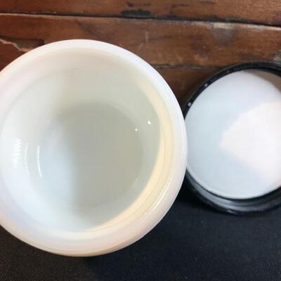 Lot 49A:  Sad Irons Advertising Box and Milk Glass Jars
