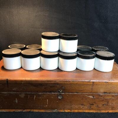 Lot 49A:  Sad Irons Advertising Box and Milk Glass Jars