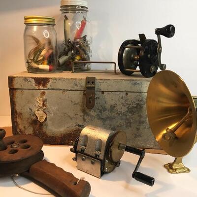 Lot 200:  Vintage Fishing Reels, Lures & Bell