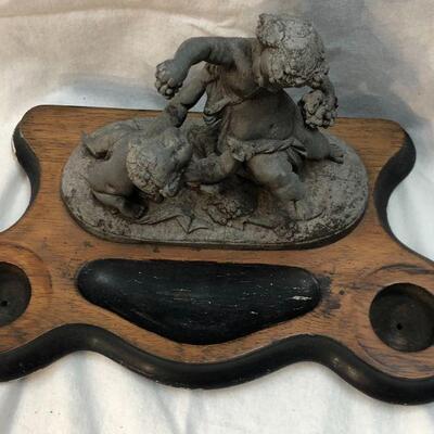 Antique Statuette on wood inkwell platform