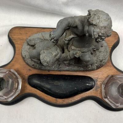 Antique Statuette on wood inkwell platform