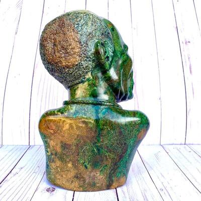 LOT 51  BUST OF TRIBAL MAN CARVED GREEN HARDSTONE WITH BROWN MARBLING