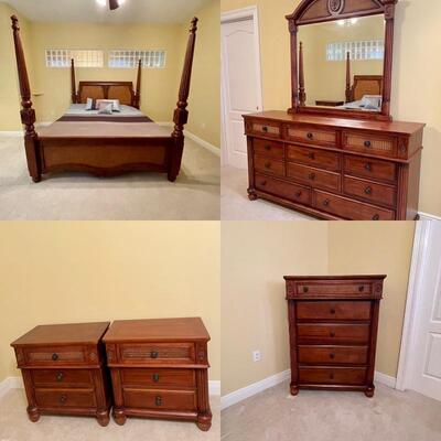 5 Piece Cane and Hard Wood Bedroom Set with Poster Bed - Excellent 