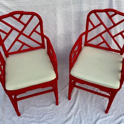 Pair of Red Bamboo Chinese Chippendale Padded Chairs YD#020-1220-00015