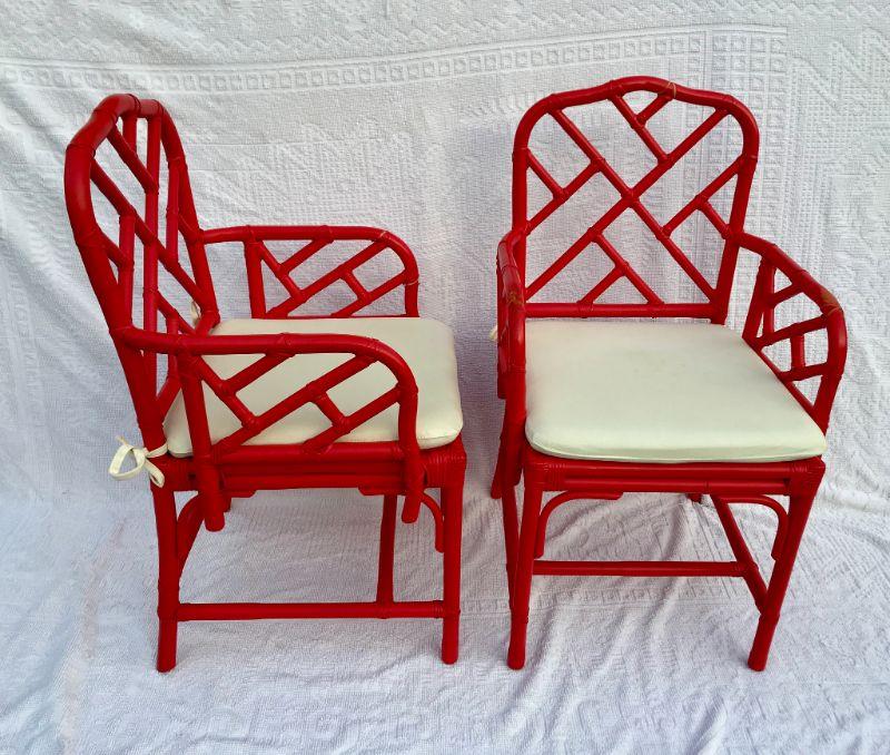 Pair of Red Bamboo Chinese Chippendale Padded Chairs YD#020-1220-00015 ...